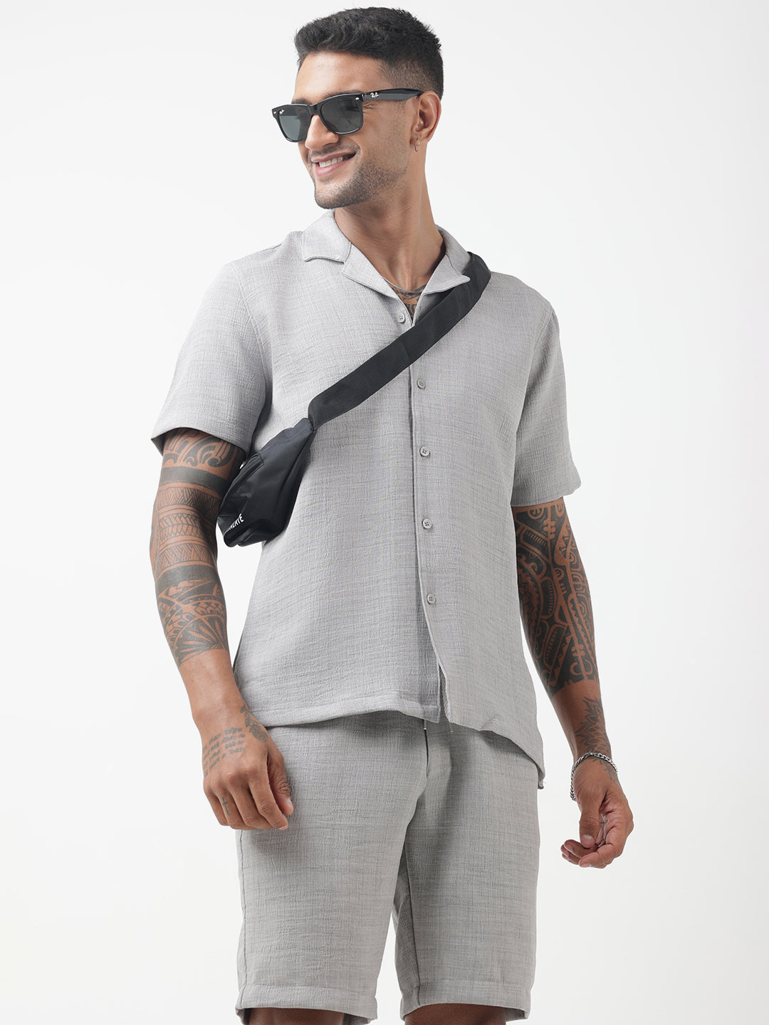 Men's Textured Grey Cuban Collar Shirt & Shorts Co-ord Set
