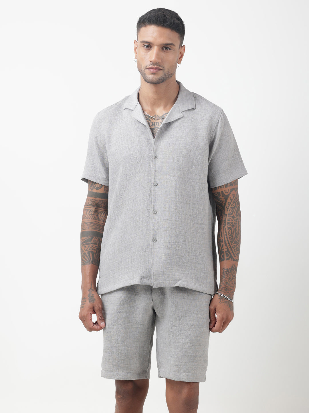 Men's Textured Grey Cuban Collar Shirt & Shorts Co-ord Set