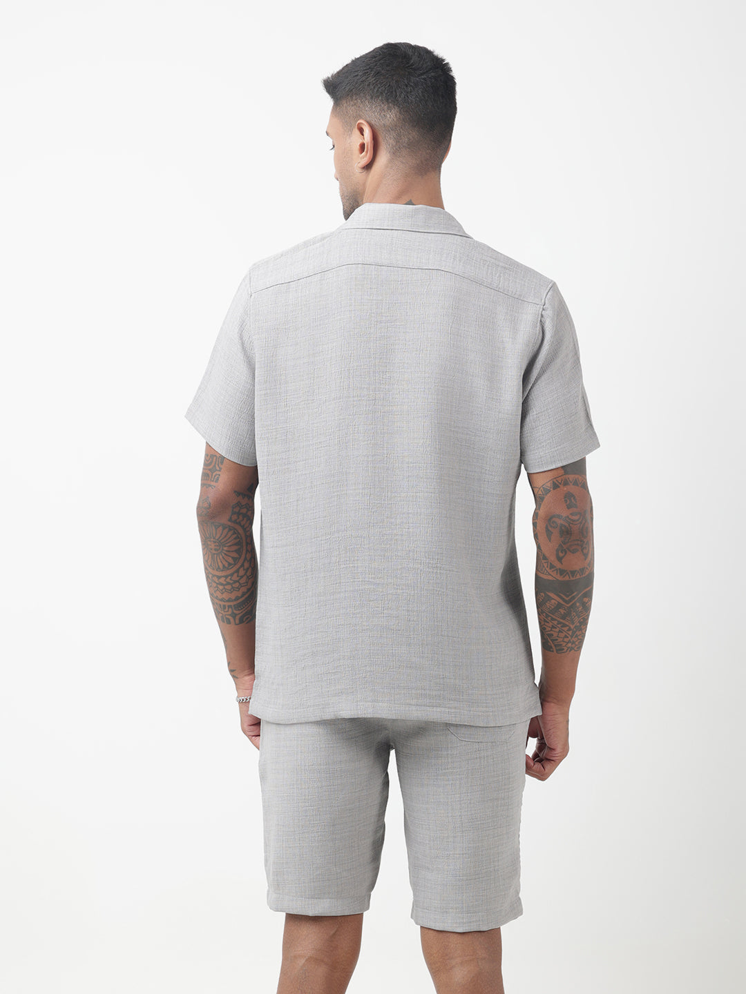Men's Textured Grey Cuban Collar Shirt & Shorts Co-ord Set