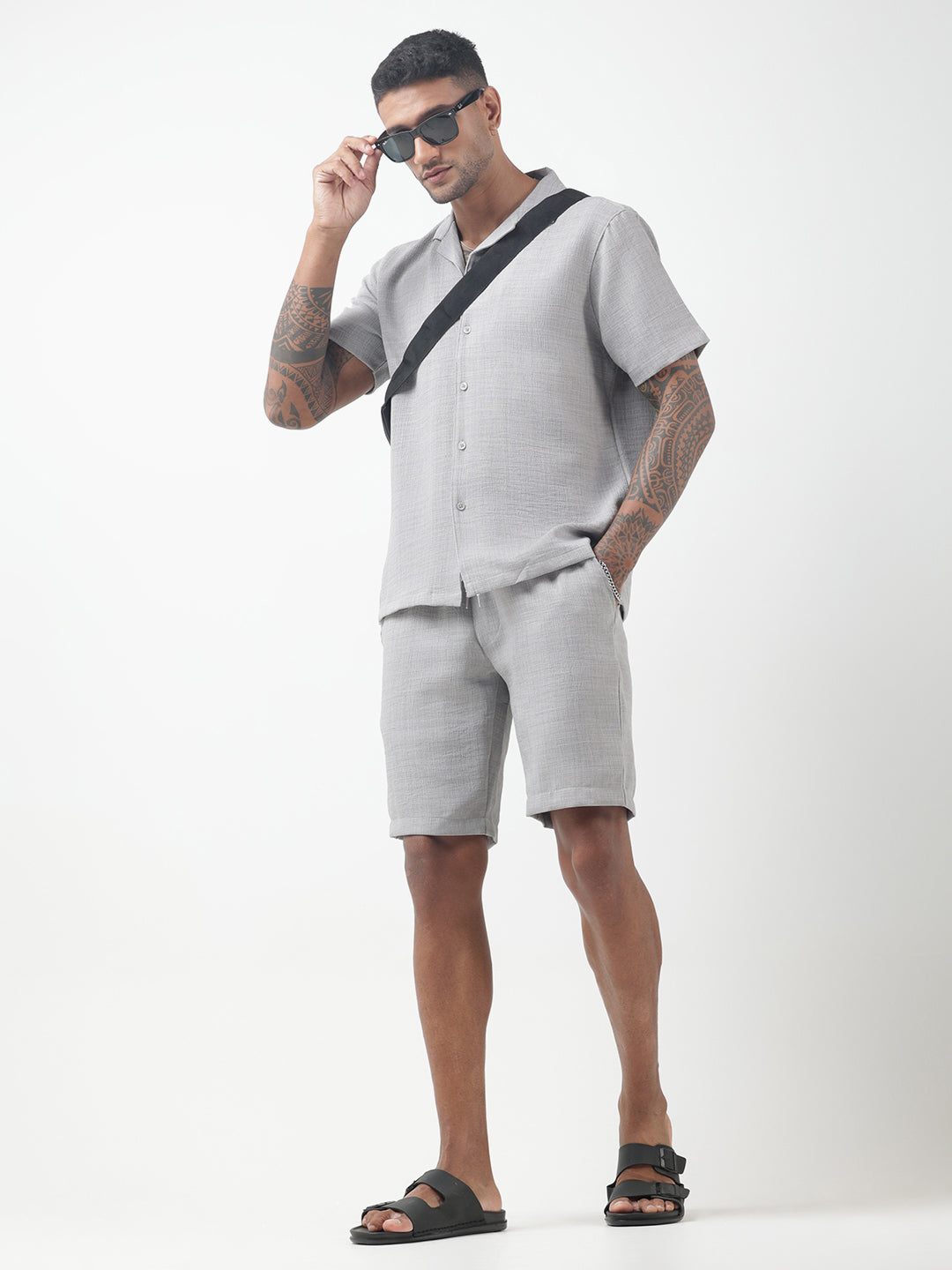 Men's Textured Grey Cuban Collar Shirt & Shorts Co-ord Set