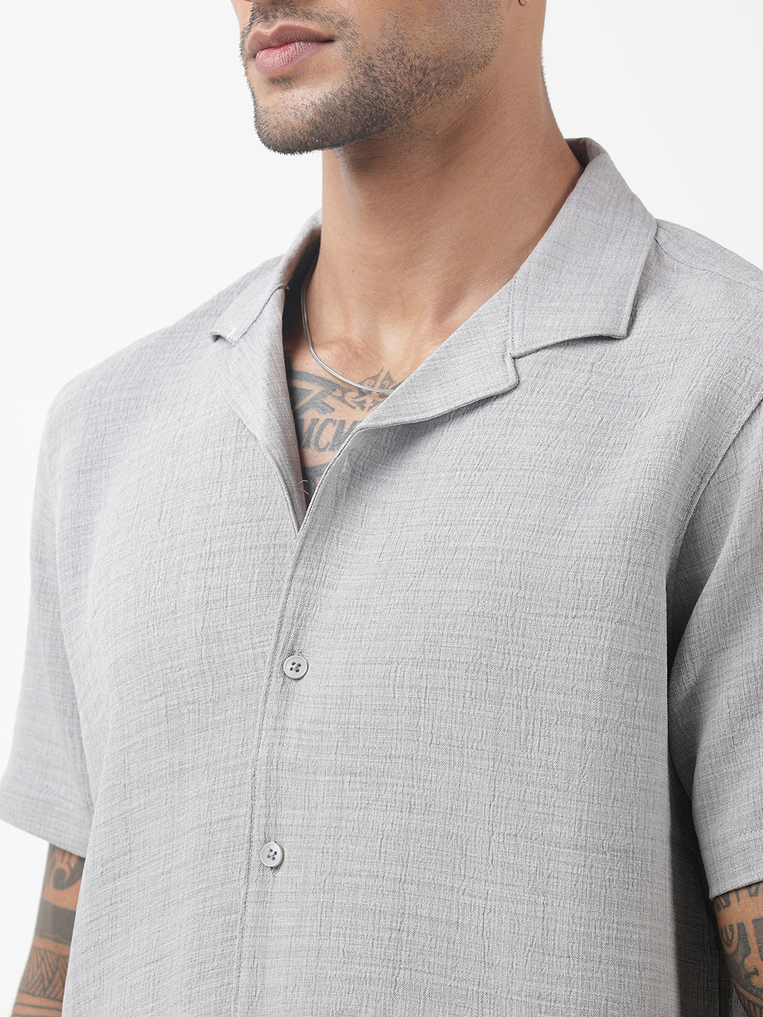 Men's Textured Grey Cuban Collar Shirt & Shorts Co-ord Set
