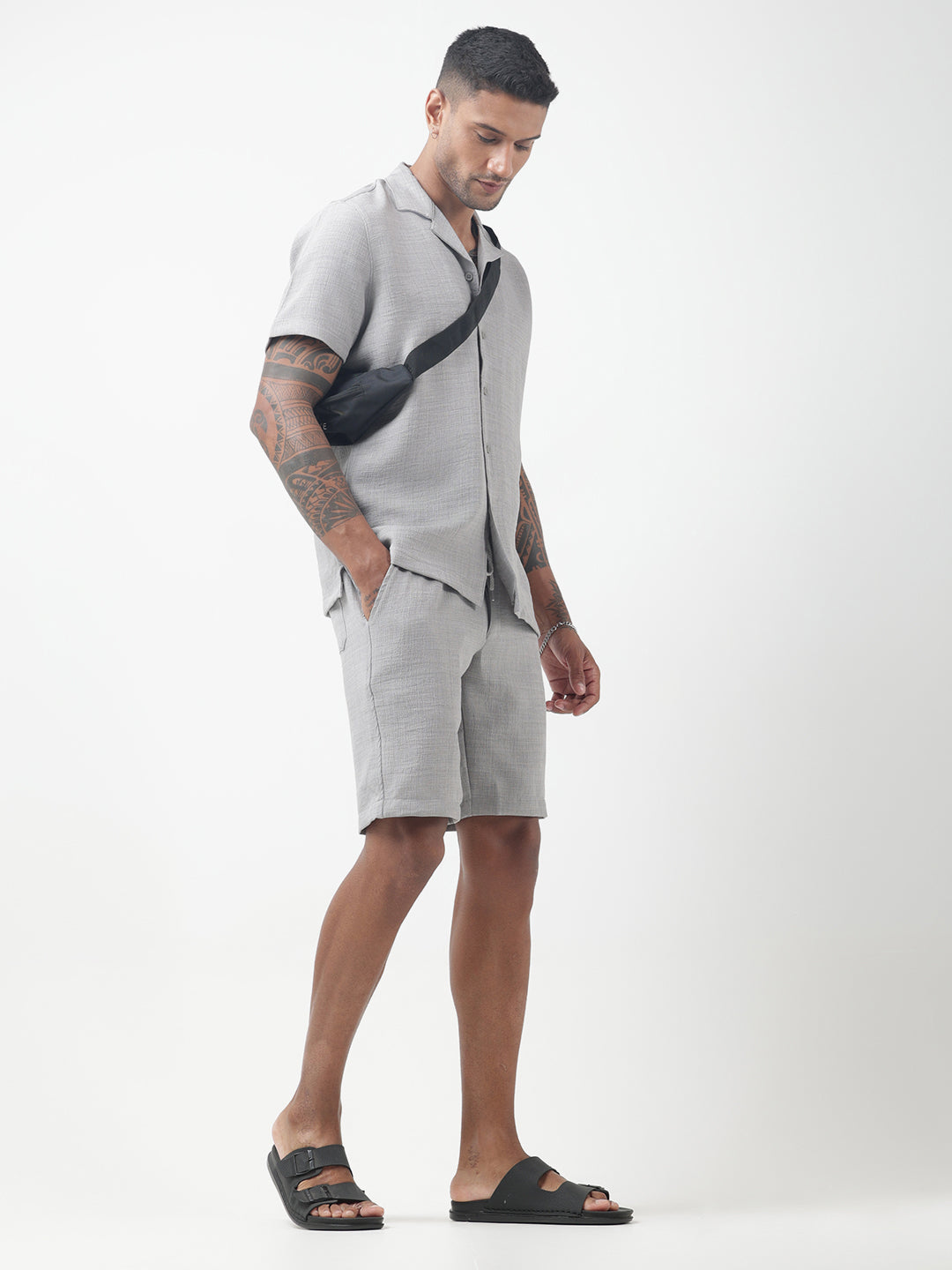 Men's Textured Grey Cuban Collar Shirt & Shorts Co-ord Set