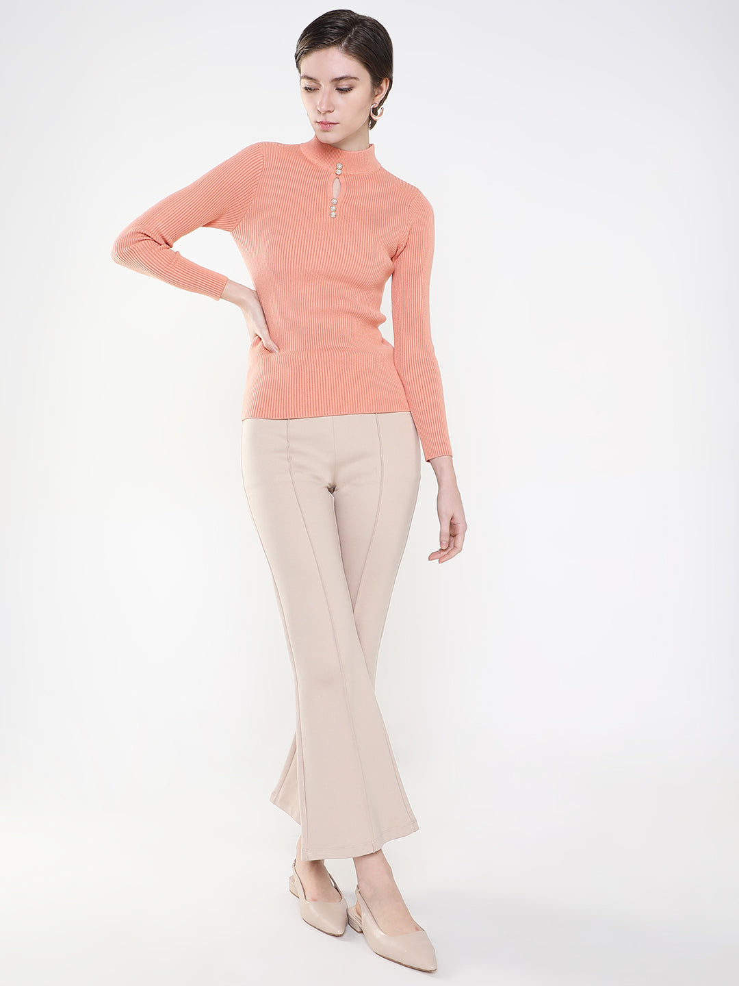 Women Solid Peach Fitted Top