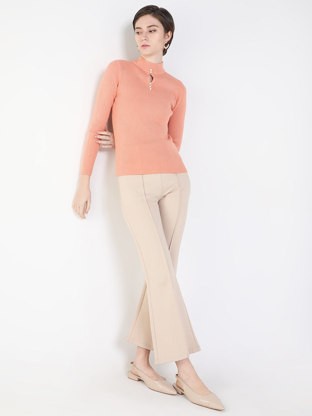 Women Solid Peach Fitted Top