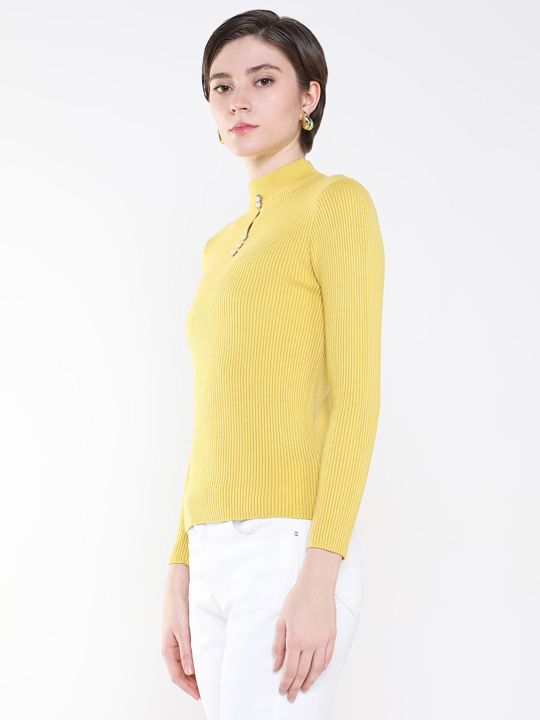 Women Solid Yellow Fitted Top