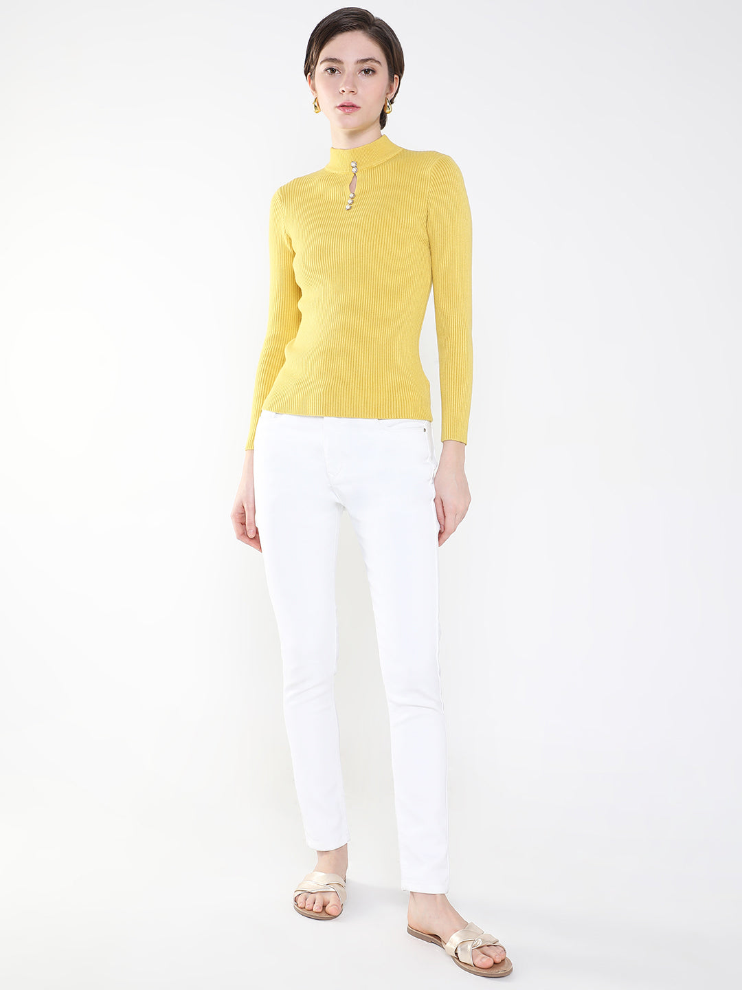 Women Solid Yellow Fitted Top