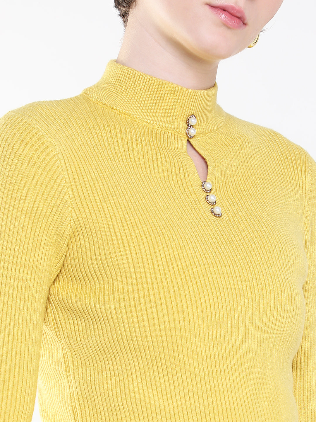 Women Solid Yellow Fitted Top