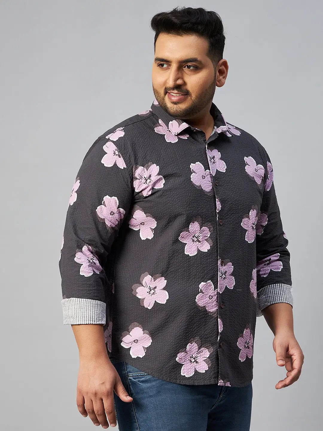 Men's Grey Printed Spread Collar Full Sleeves Casual Shirt - from SHOWOFFFF
