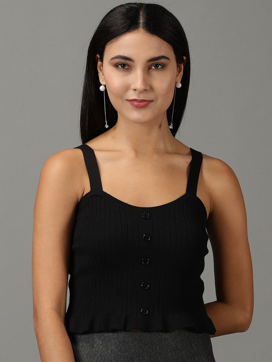 Women Square Neck Solid Black Tank Top