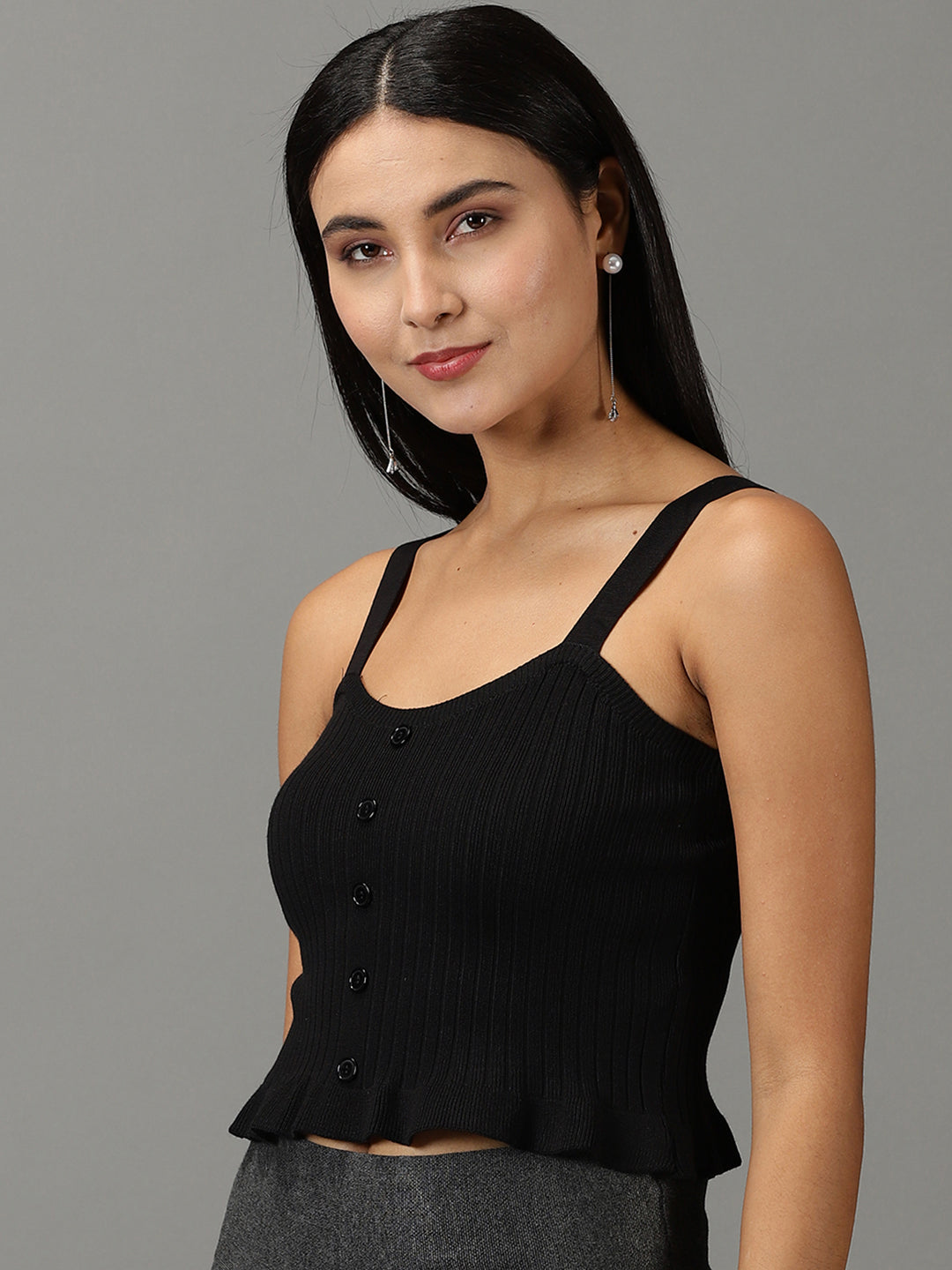 Women Square Neck Solid Black Tank Top