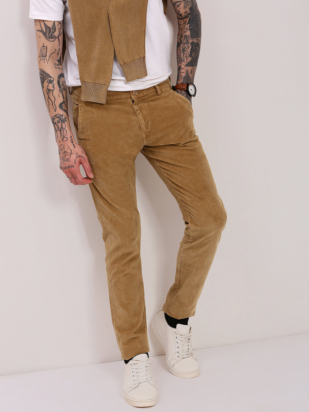 Men Beige Solid Trousers