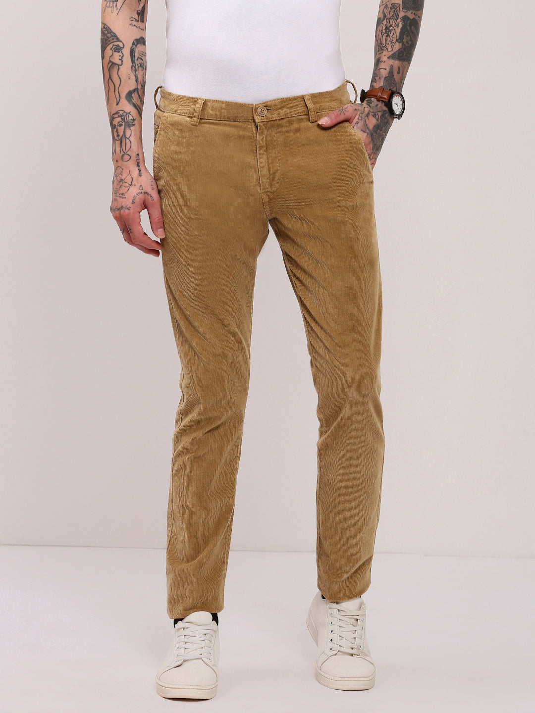 Men Beige Solid Trousers