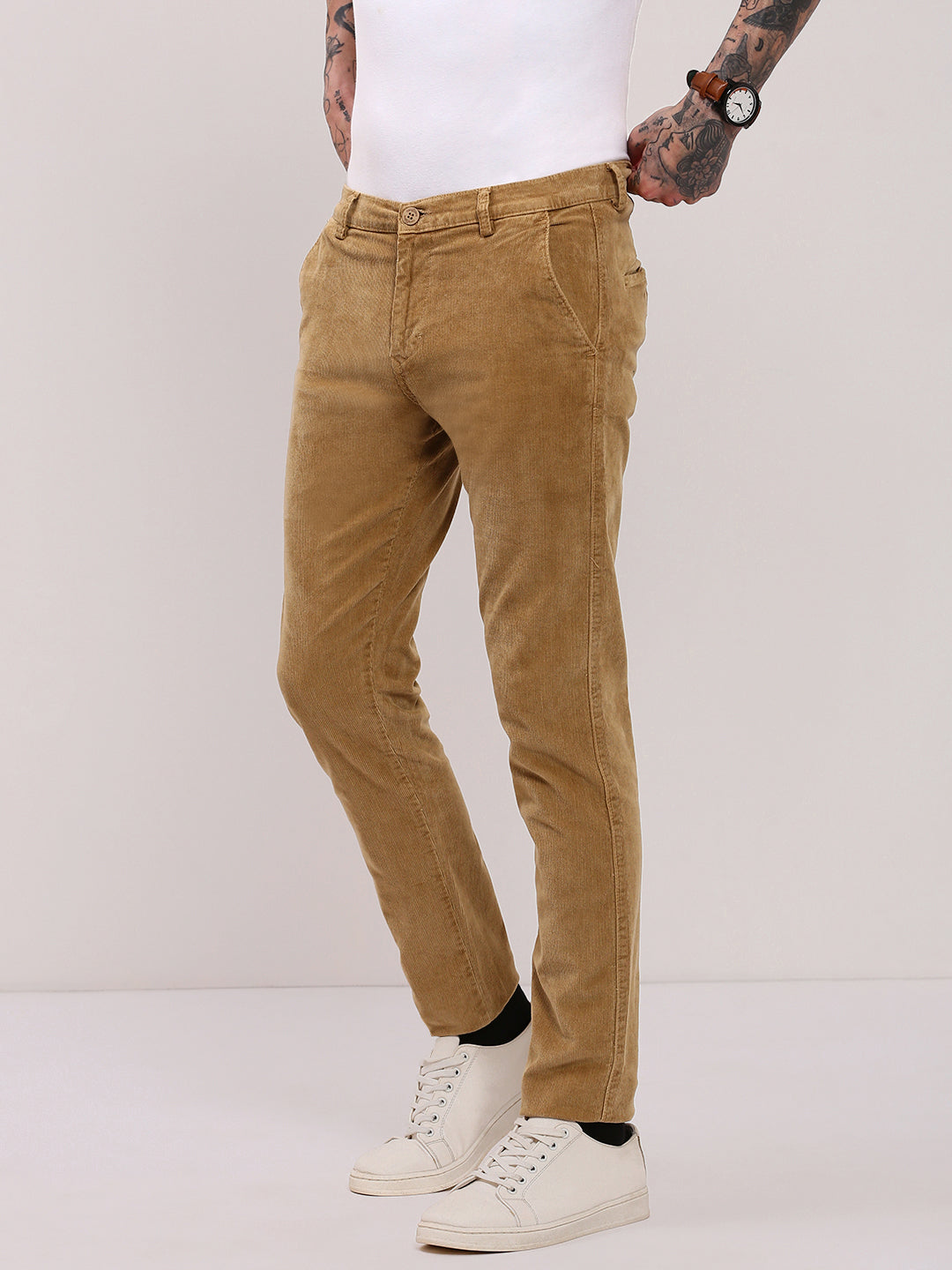 Men Beige Solid Trousers