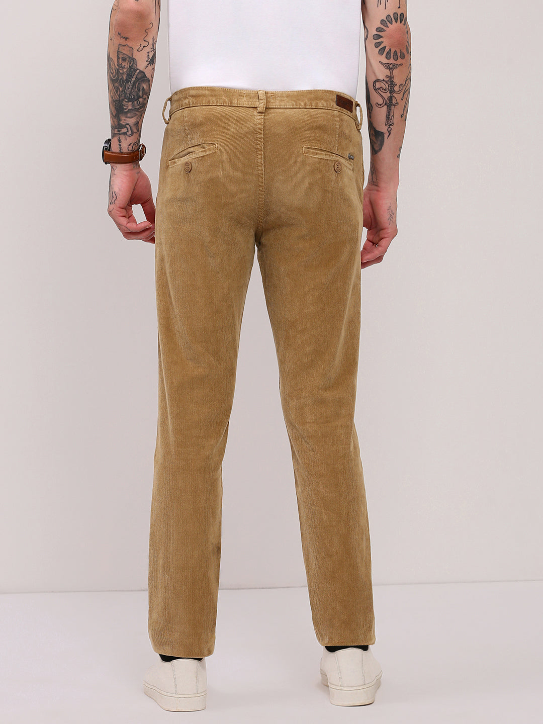 Men Beige Solid Trousers