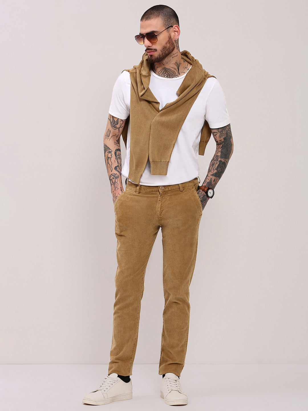 Men Beige Solid Trousers