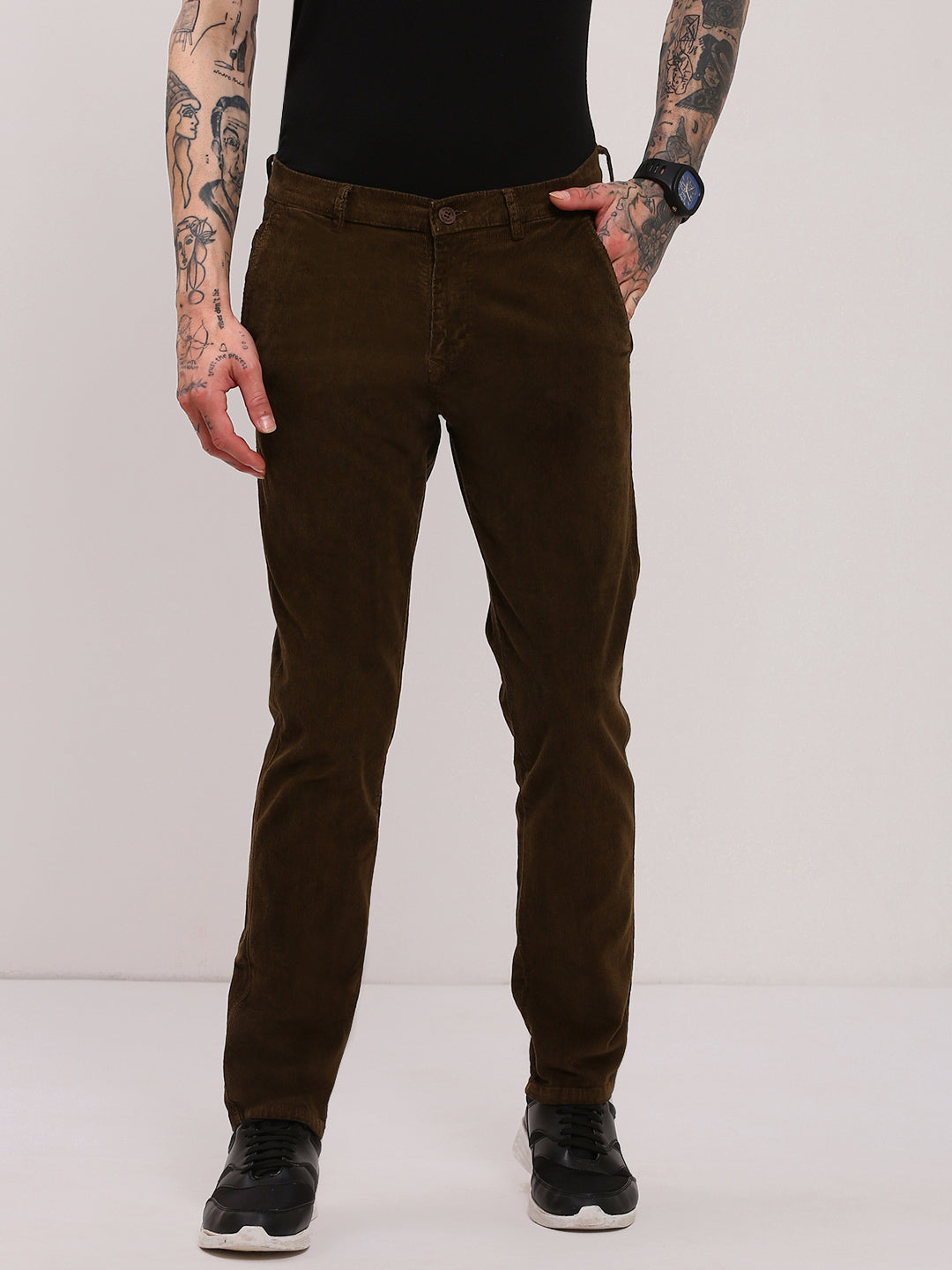 Men Brown Solid Trousers