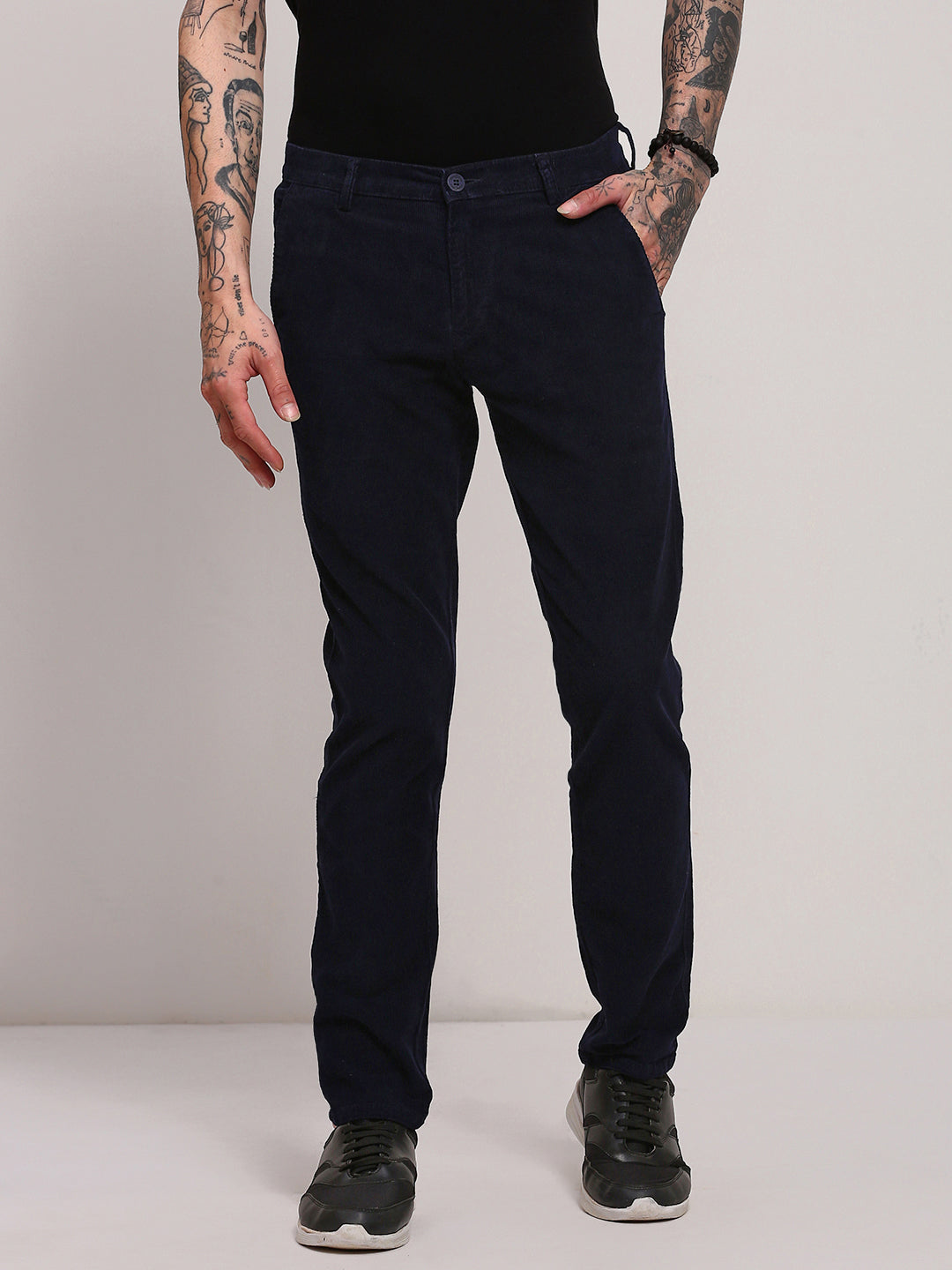 Men Navy Blue Solid Trousers