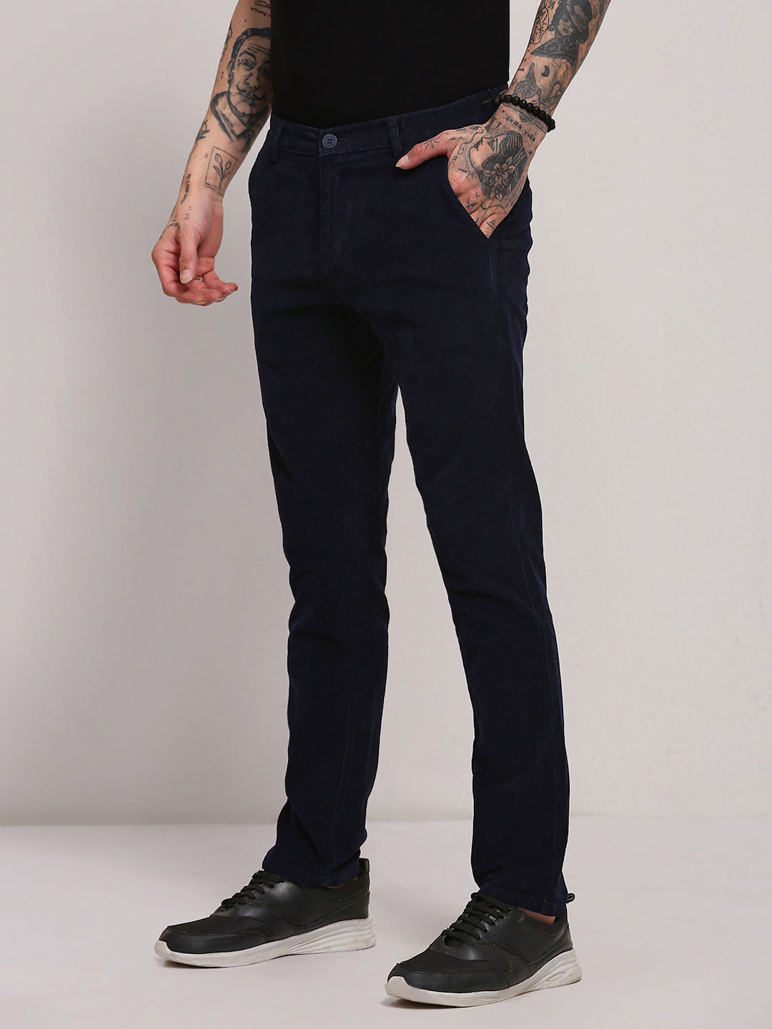 Men Navy Blue Solid Trousers