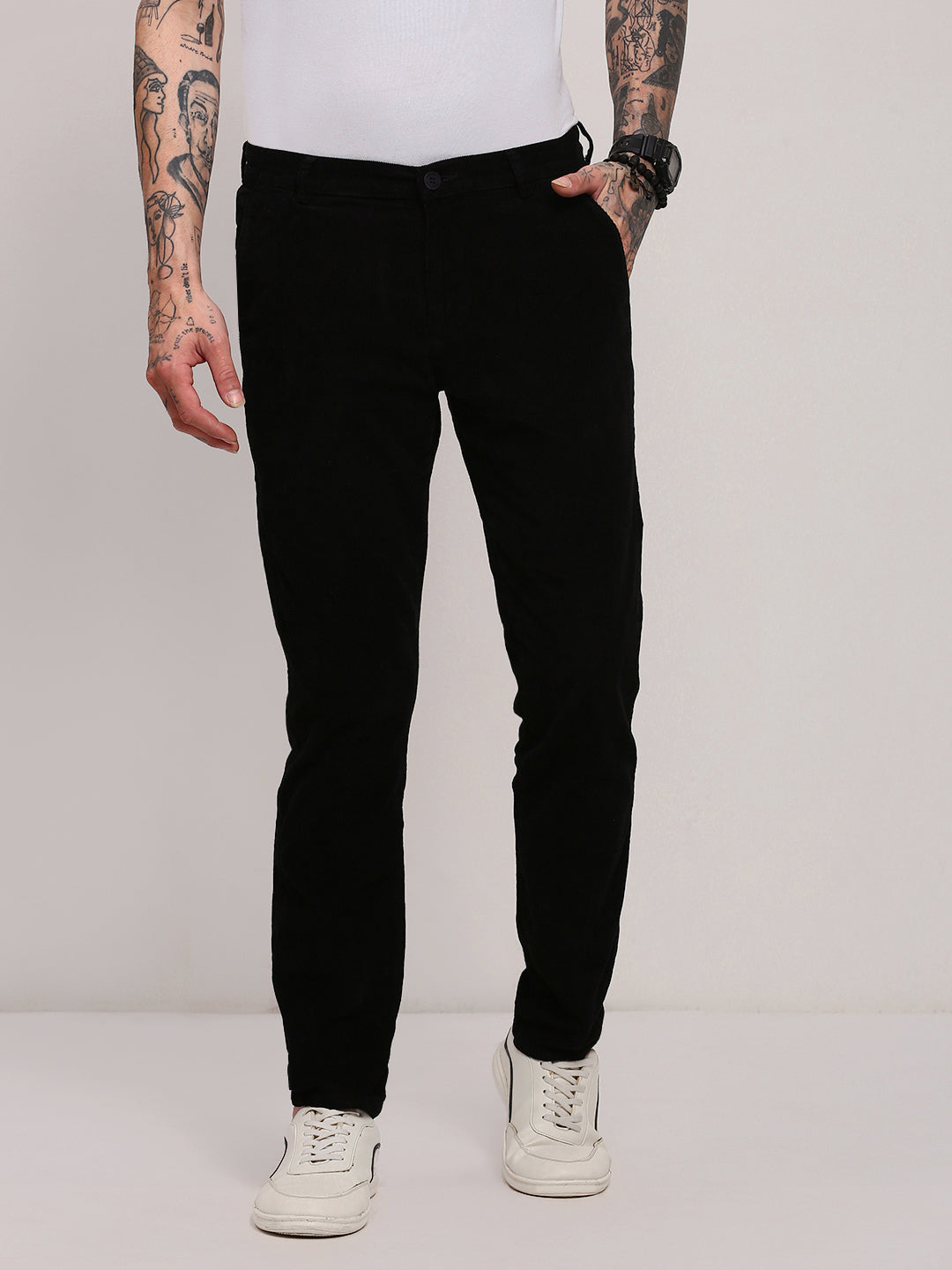 Men Black Solid Trousers