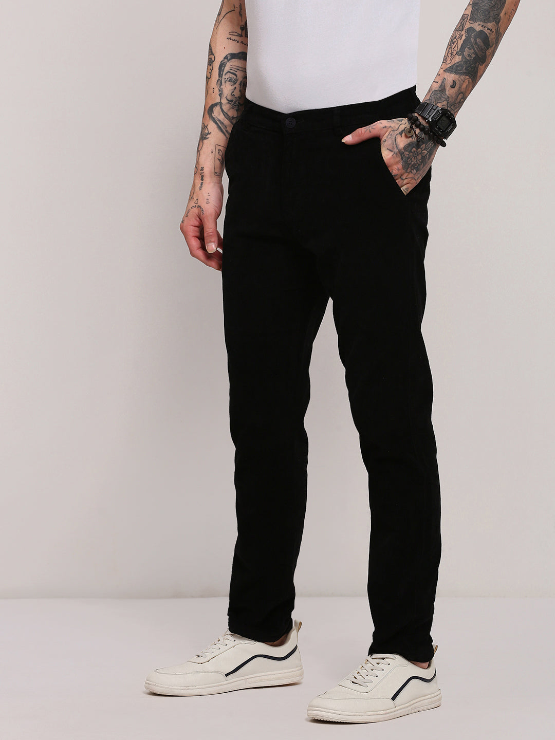 Men Black Solid Trousers