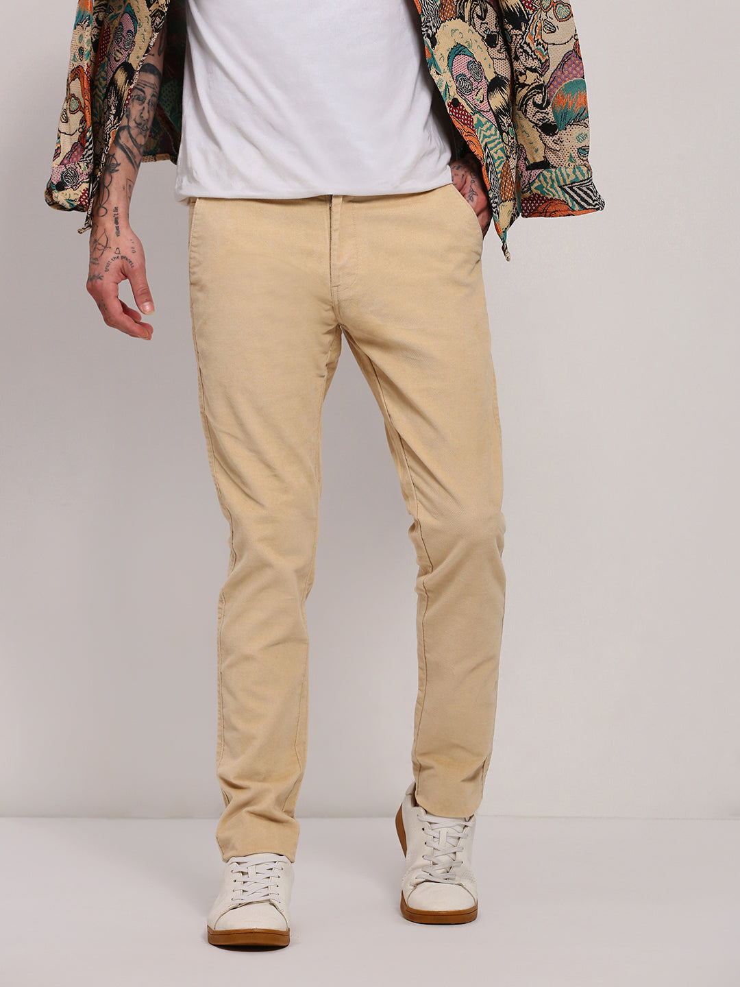 Men Beige Solid Trousers