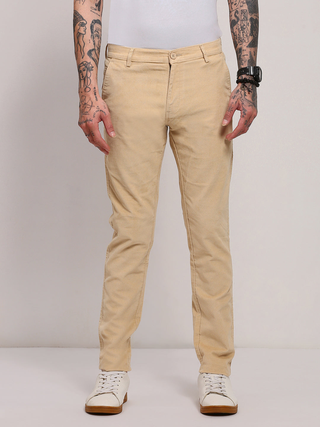 Men Beige Solid Trousers