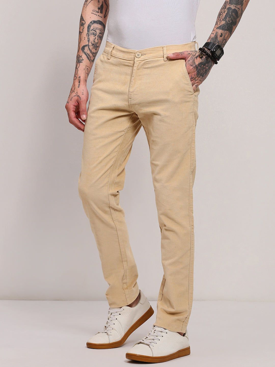 Men Beige Solid Trousers