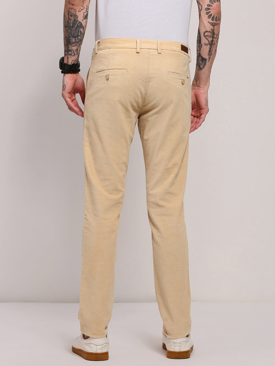 Men Beige Solid Trousers