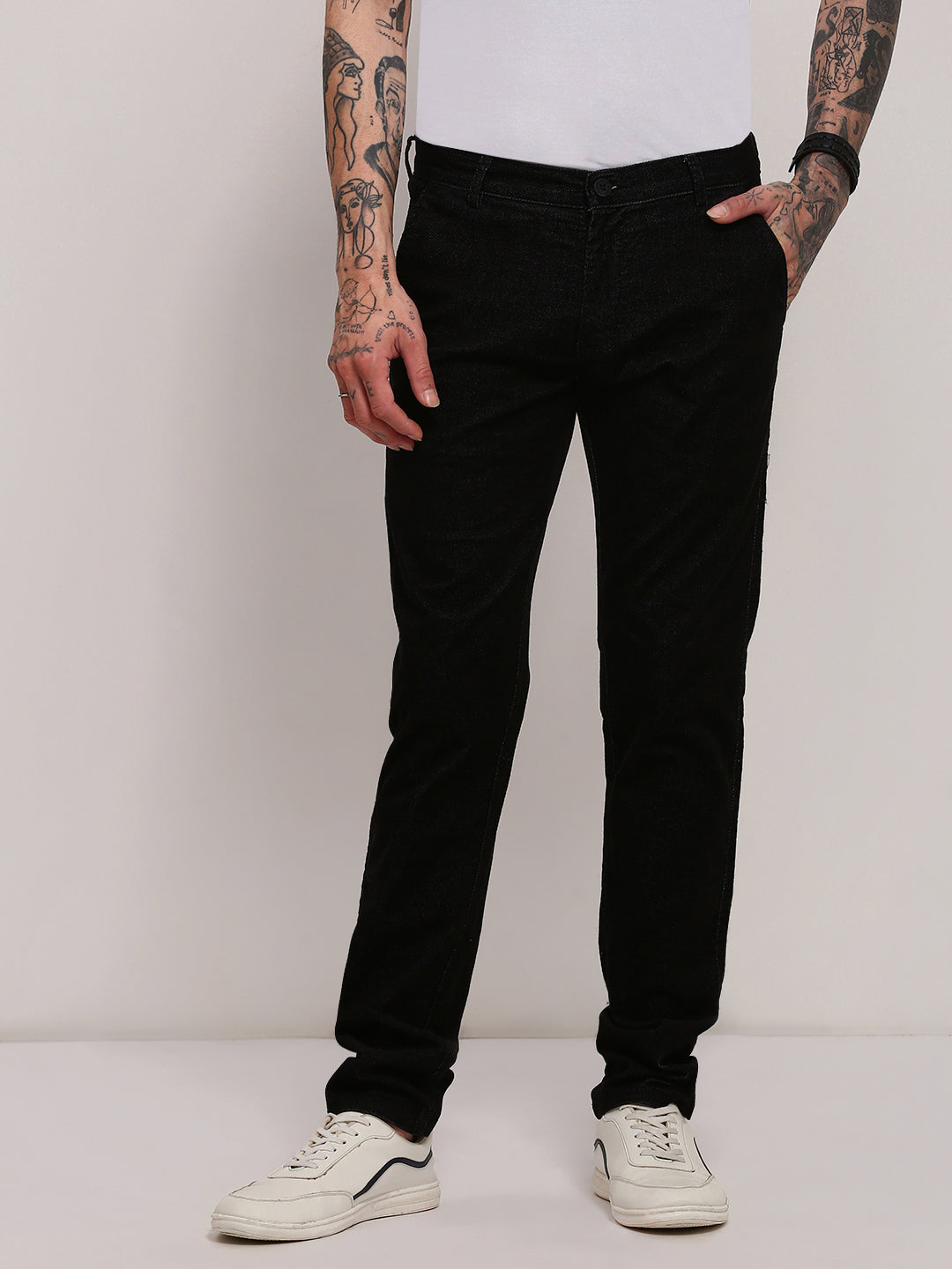 Men Black Solid Trousers