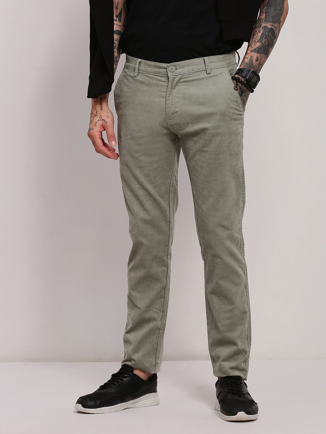 Men Green Solid Trousers