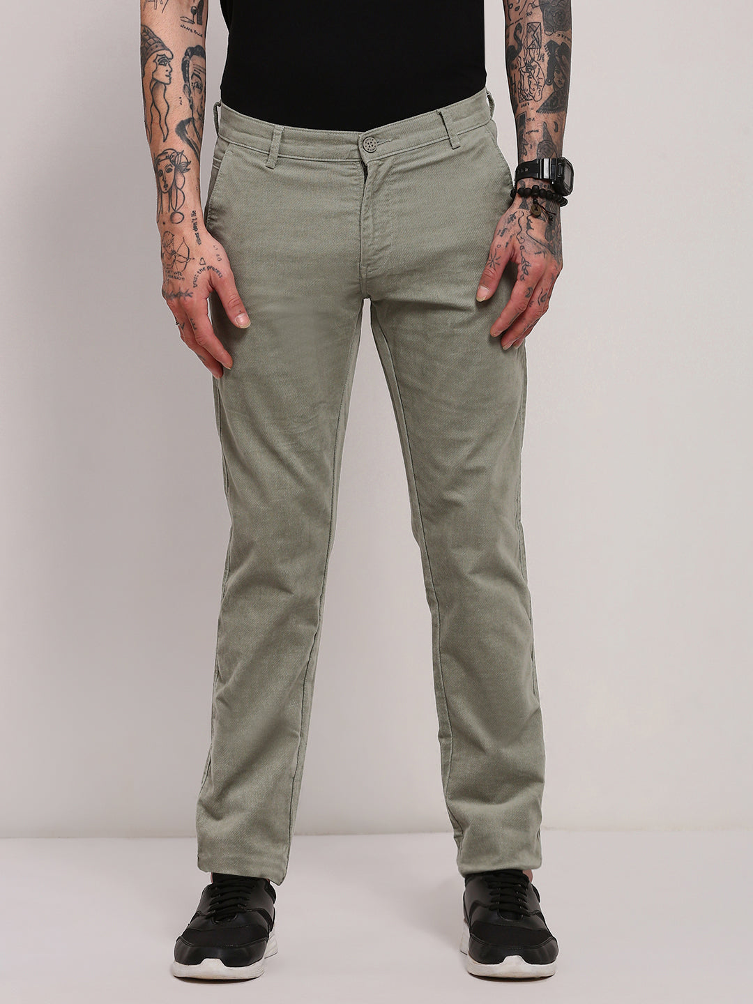 Men Green Solid Trousers