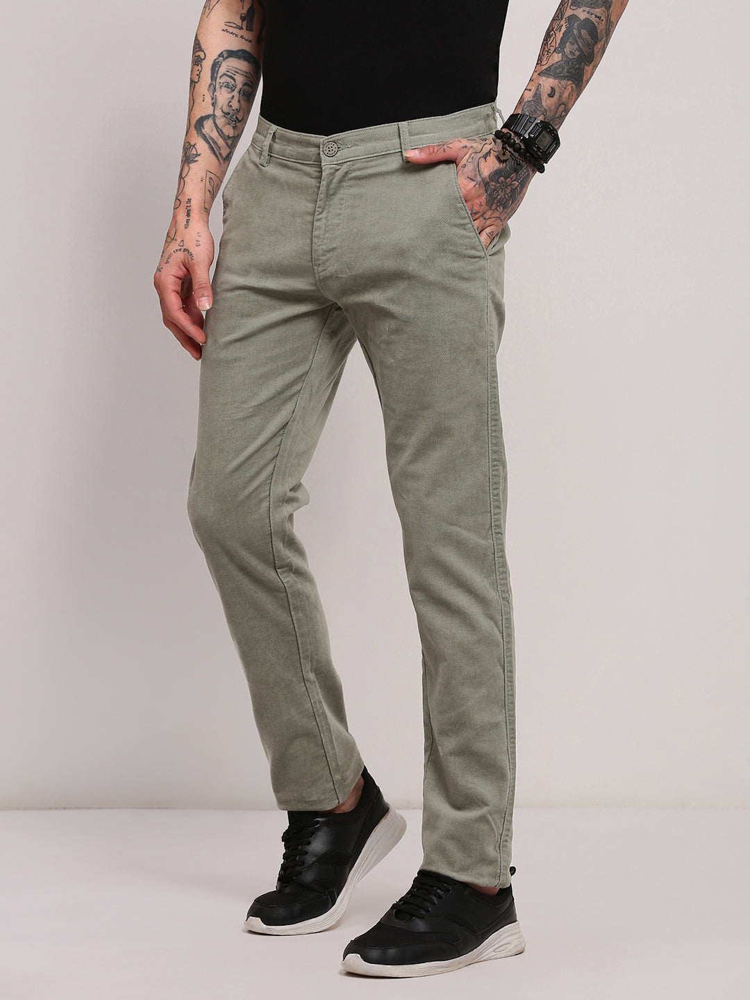 Men Green Solid Trousers