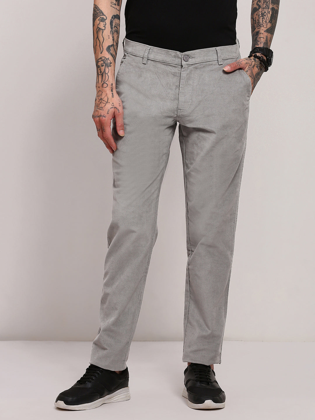 Men Grey Solid Trousers