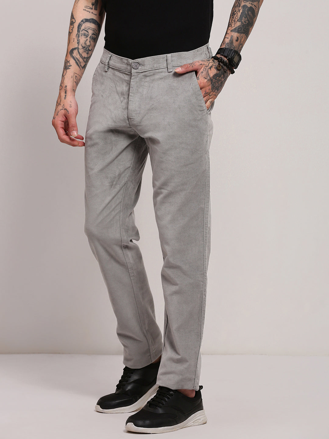 Men Grey Solid Trousers