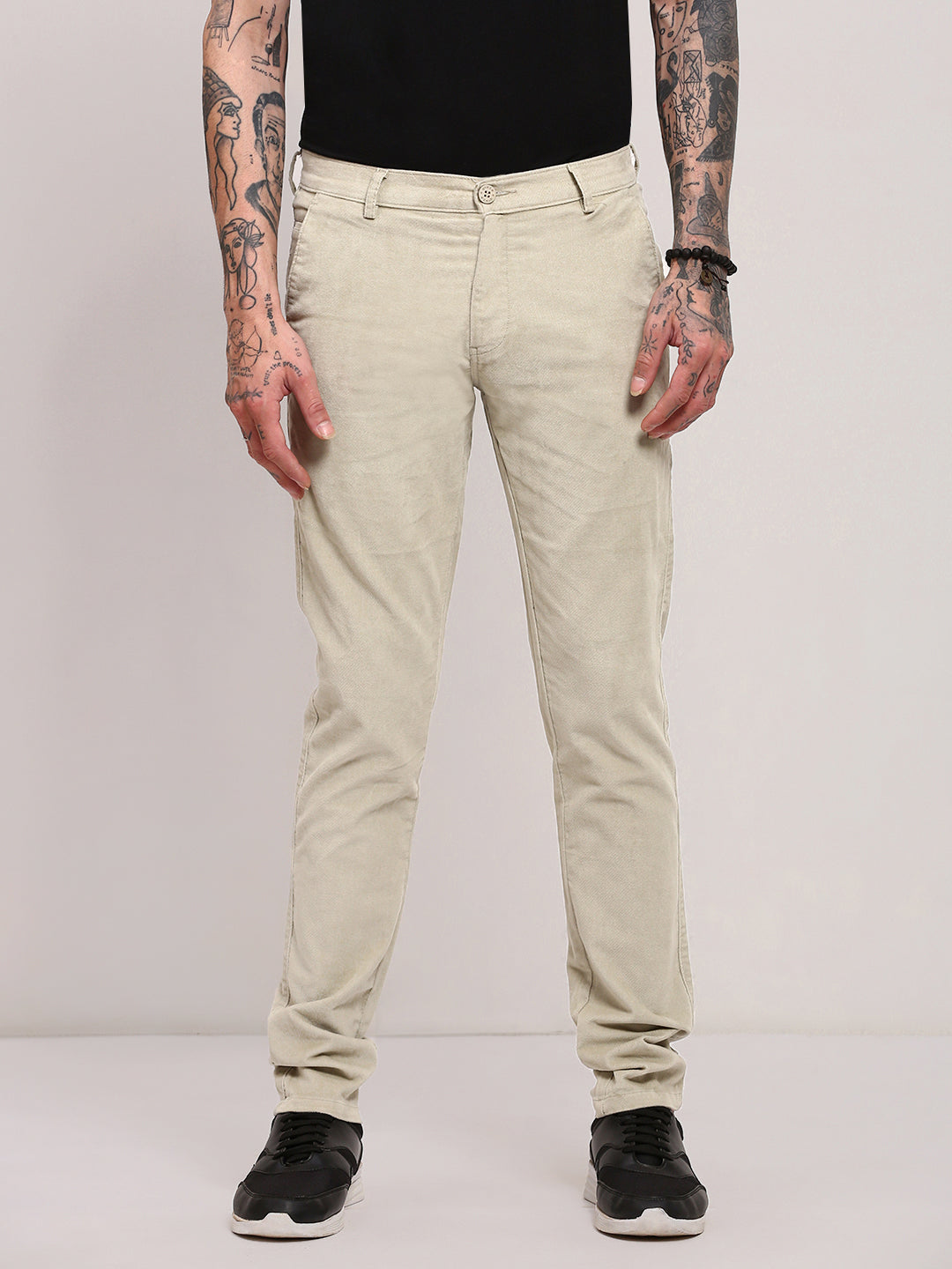 Men Khaki Solid Trousers