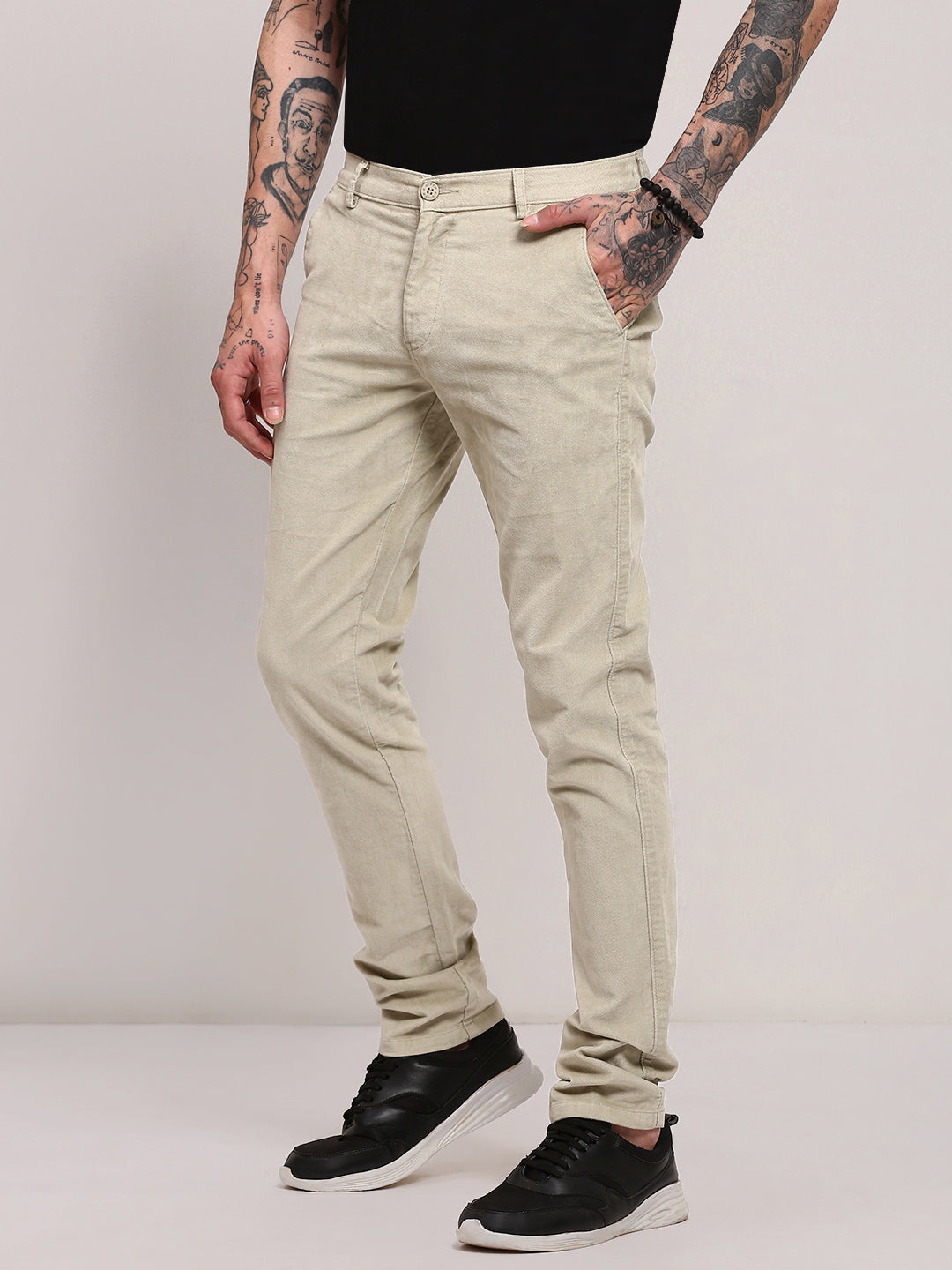 Men Khaki Solid Trousers