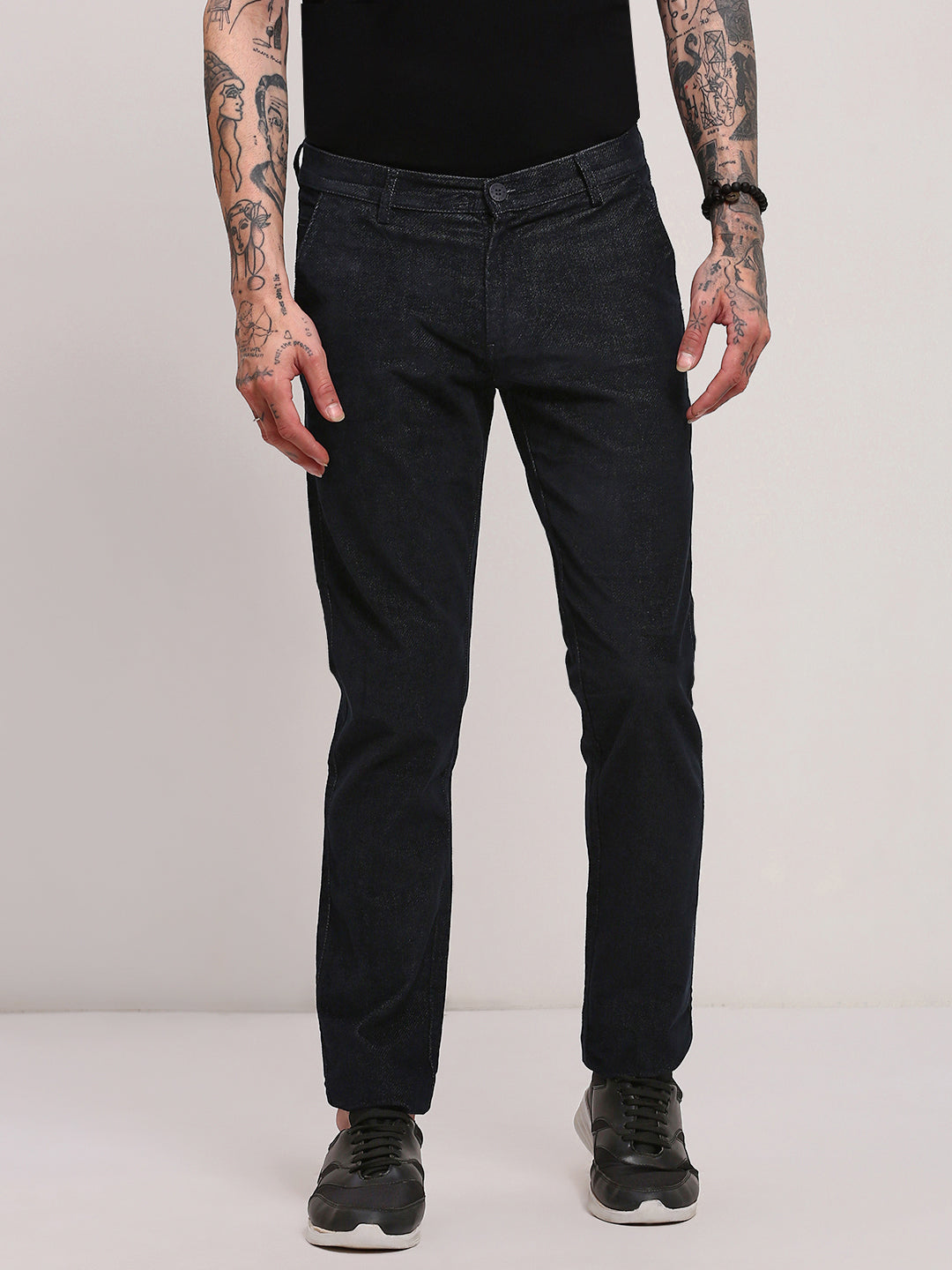 Men Navy Blue Solid Trousers