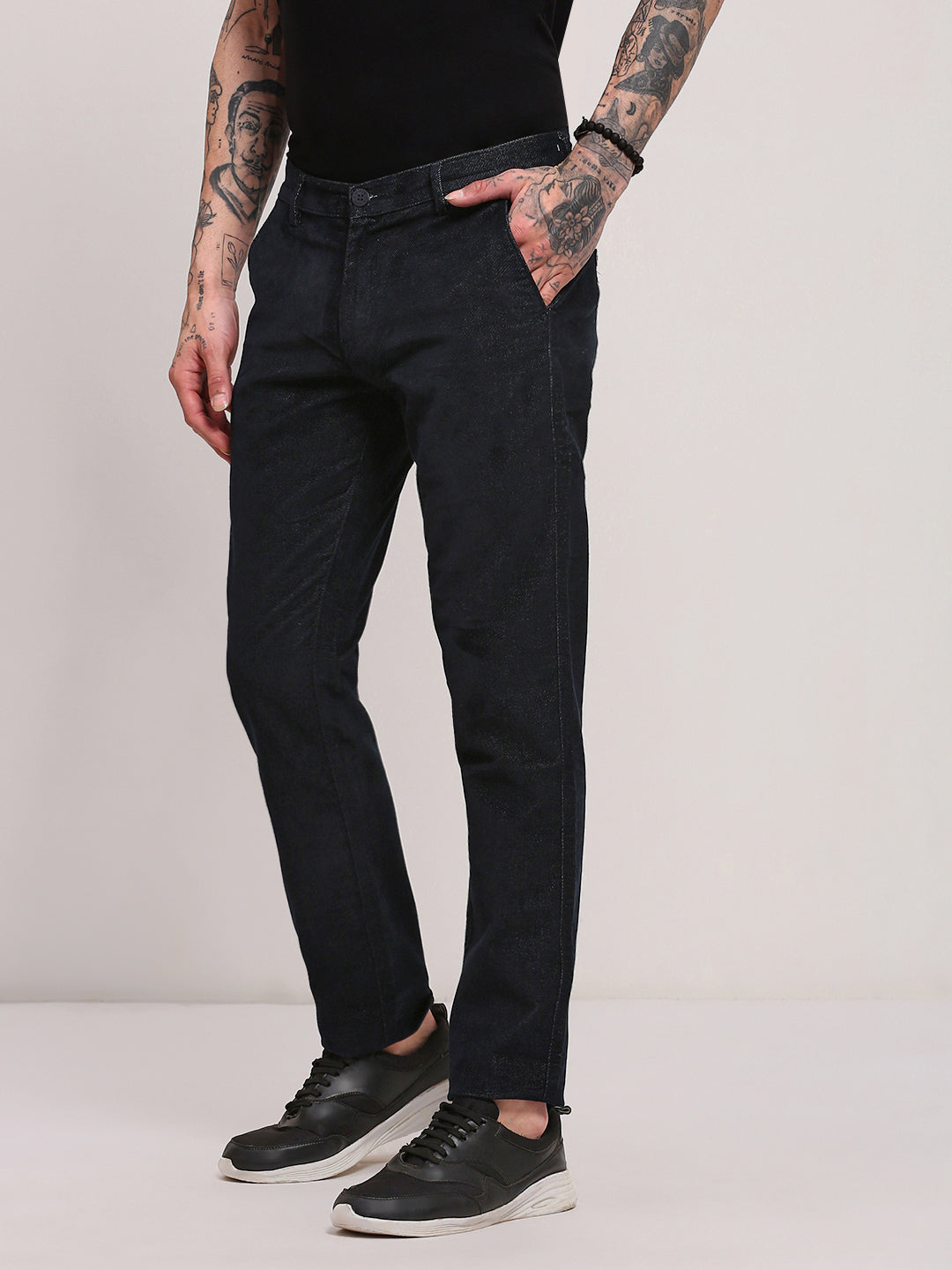 Men Navy Blue Solid Trousers