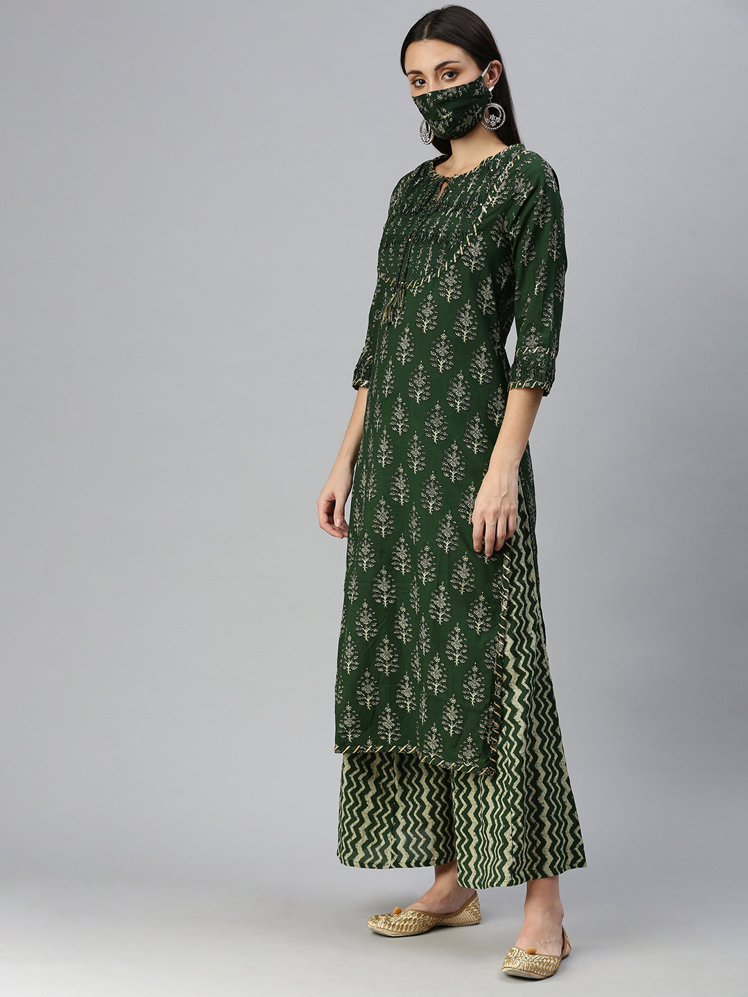 Women Straight Green Printed Kurta and Palazzos