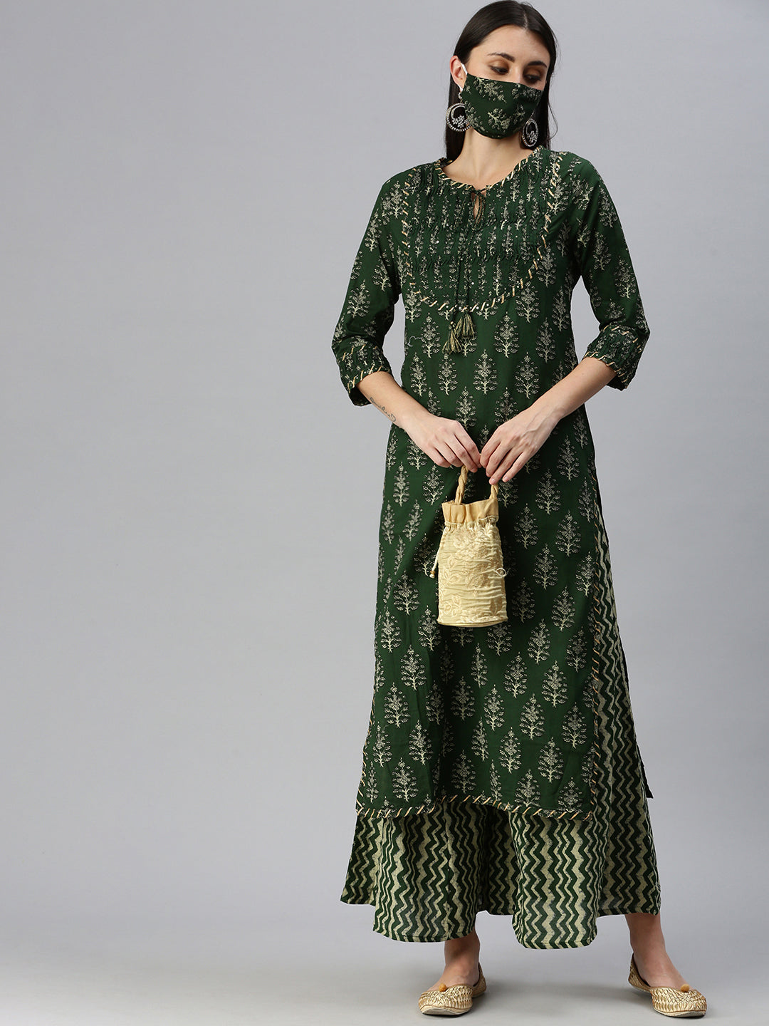 Women Straight Green Printed Kurta and Palazzos