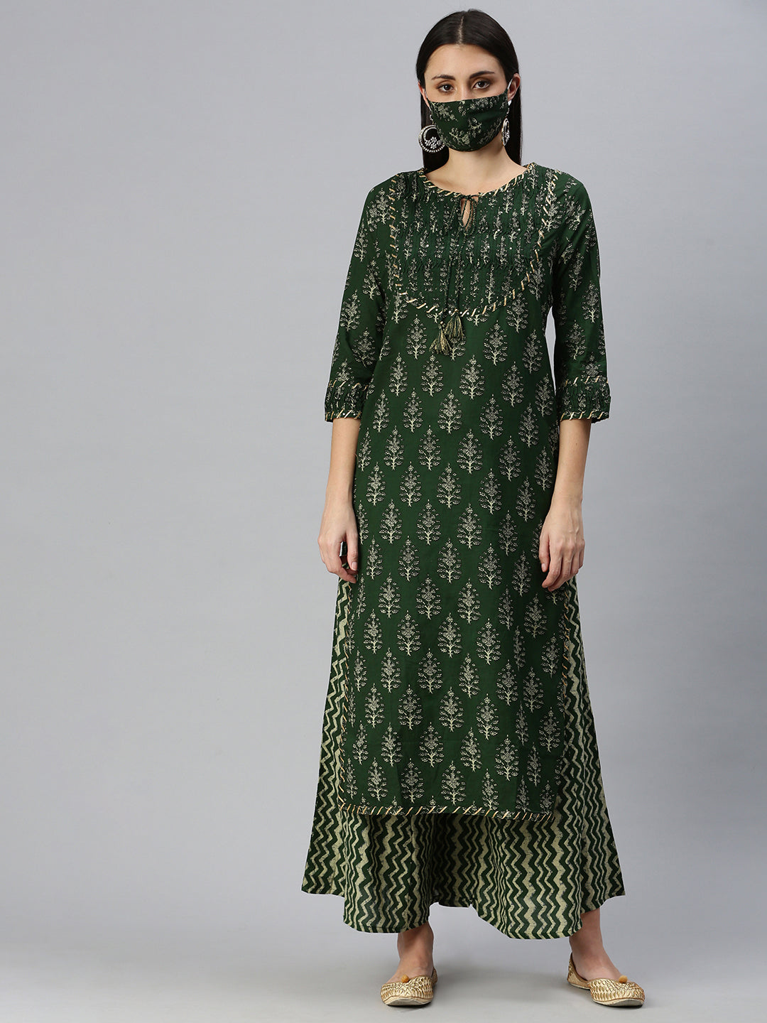 Women Straight Green Printed Kurta and Palazzos