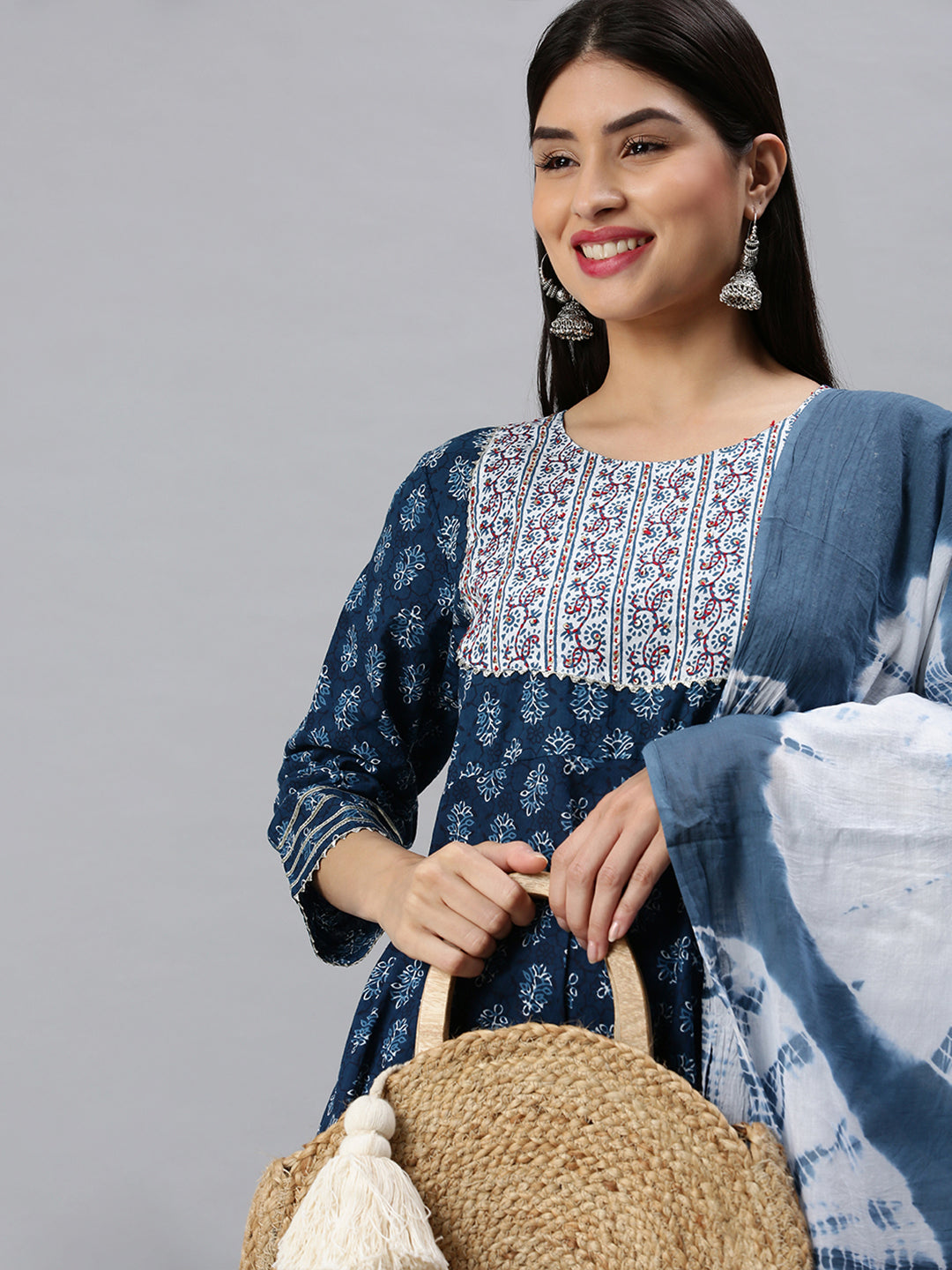 Women Anarkali Blue Printed Kurta and Trousers