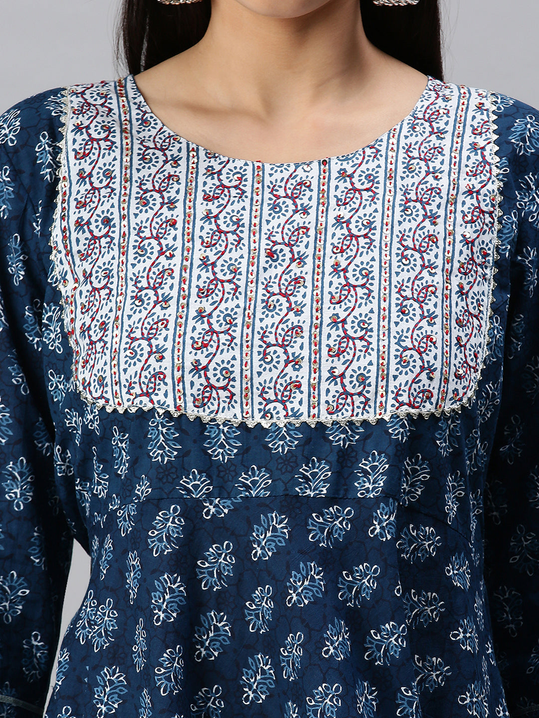 Women Anarkali Blue Printed Kurta and Trousers