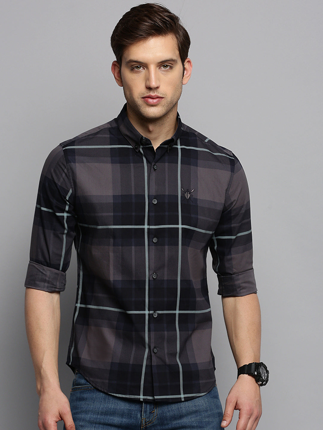 Men Spread Collar Checked Navy Blue Shirt