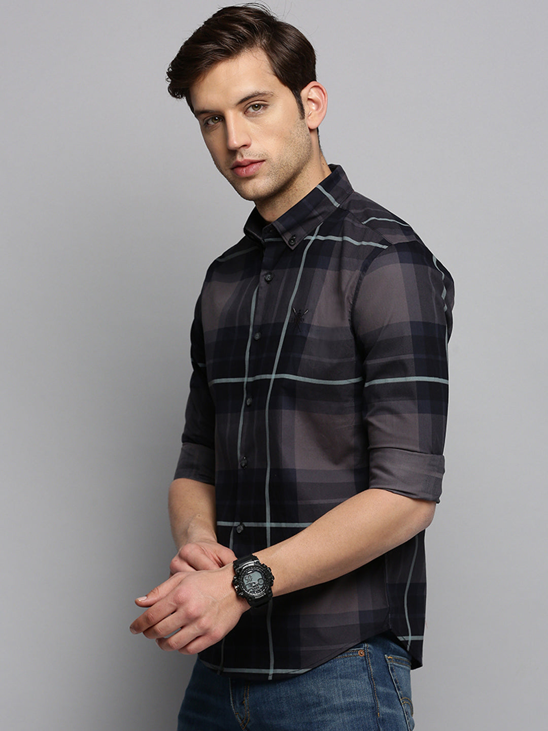 Men Spread Collar Checked Navy Blue Shirt