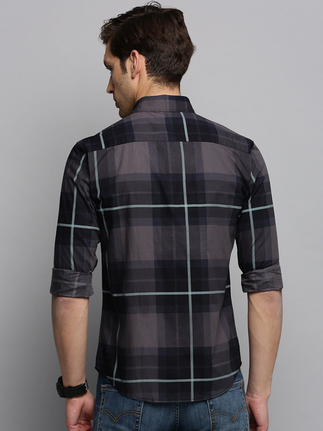 Men Spread Collar Checked Navy Blue Shirt