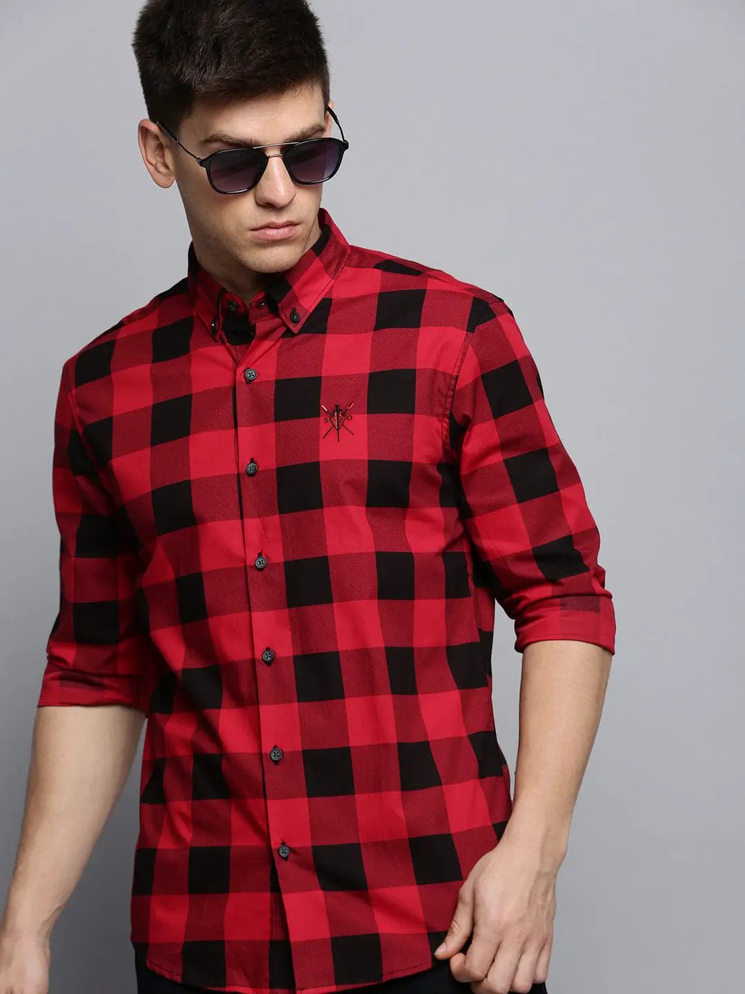 Men's Spread Collar Checked Red Shirt