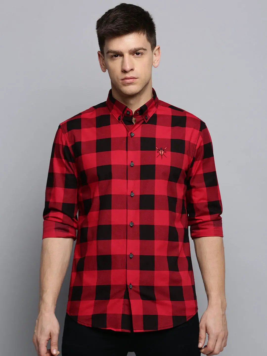 Men's Spread Collar Checked Red Shirt