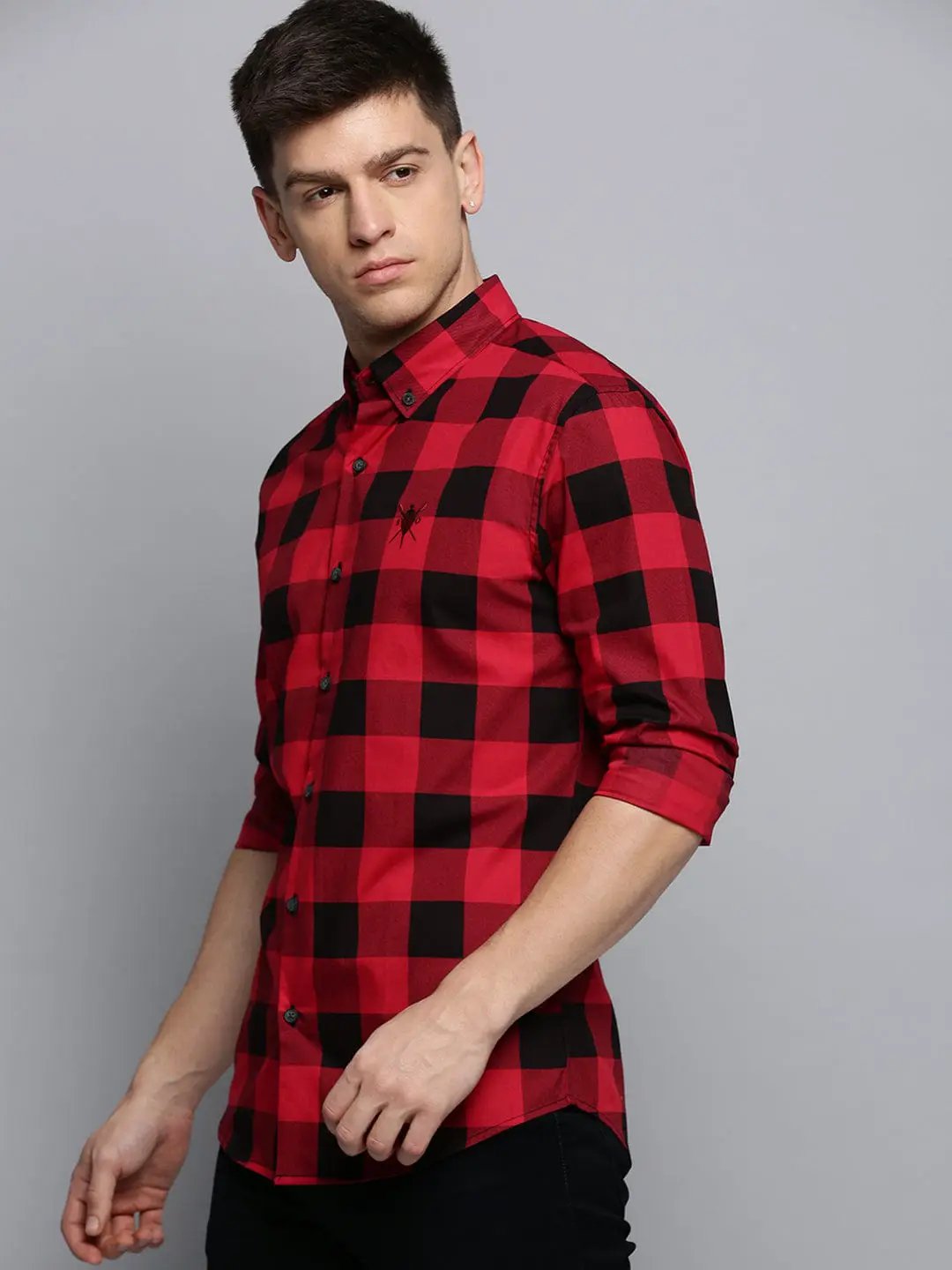 Men's Spread Collar Checked Red Shirt