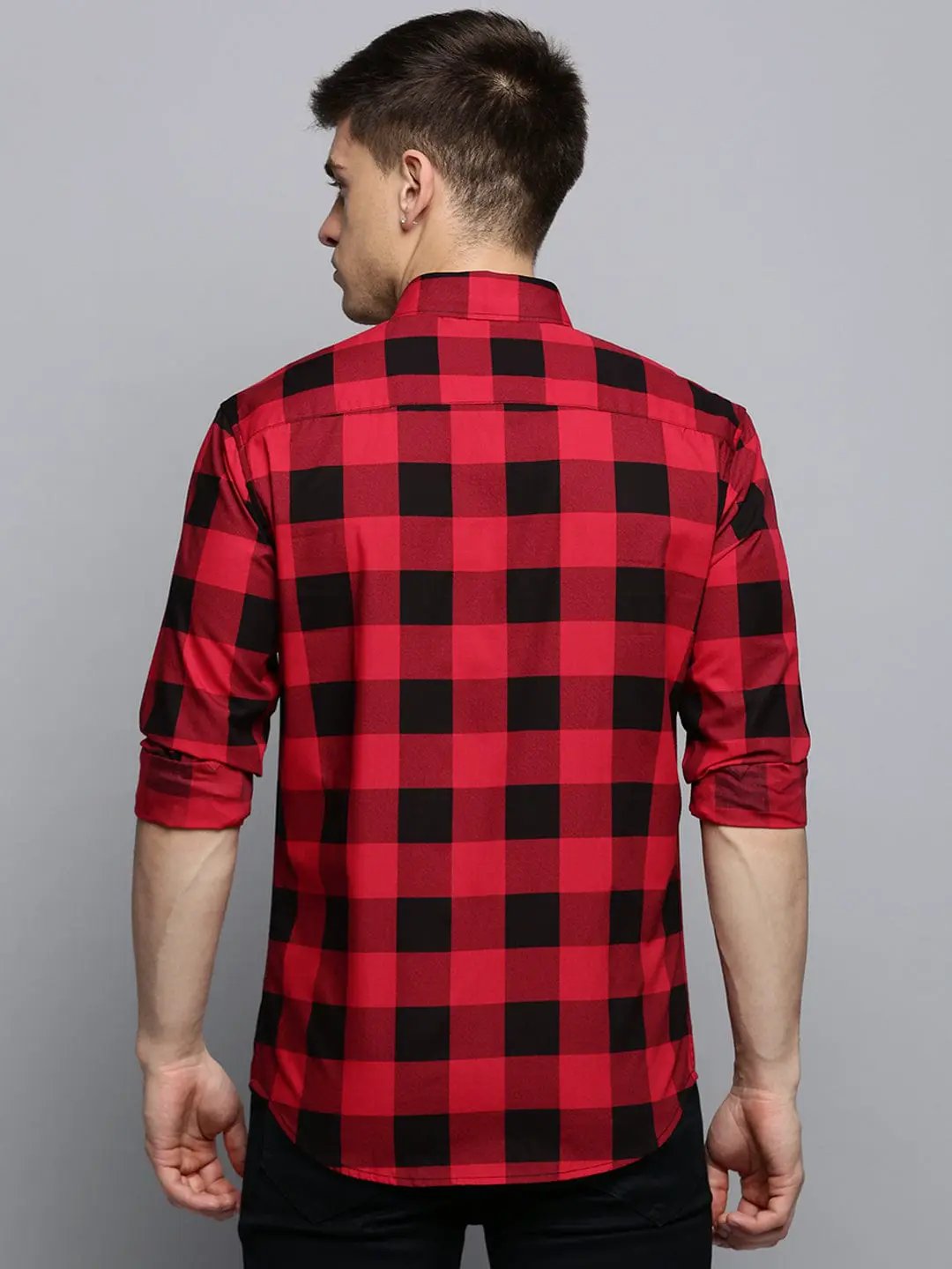 Men's Spread Collar Checked Red Shirt